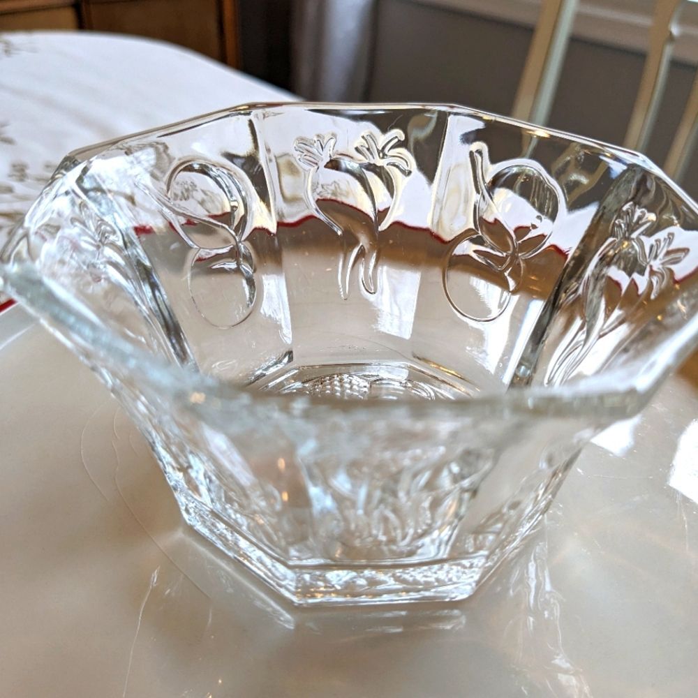Vintage Ramekin Bowl MCM Glass Octagon 4 inch Embossed Fruits Vegetables 1950s